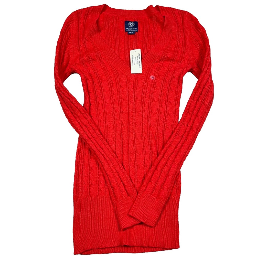 Vintage Y2K American Eagle Sweater Women Medium Red Babydoll Cable Knit V Neck